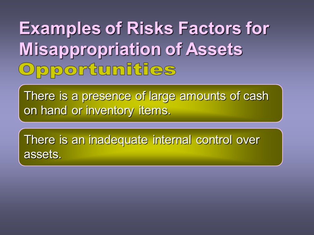 Examples of Risks Factors for Misappropriation of Assets There is a presence of large